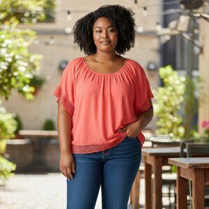 Coral lace trim plus size cold shoulder blouse, 2X, airy chiffon feel, summer